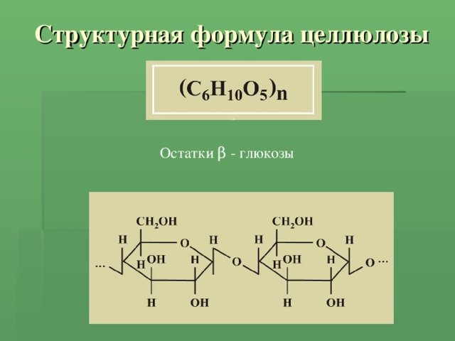 Структурная формула целлюлозы Остатки β - глюкозы 