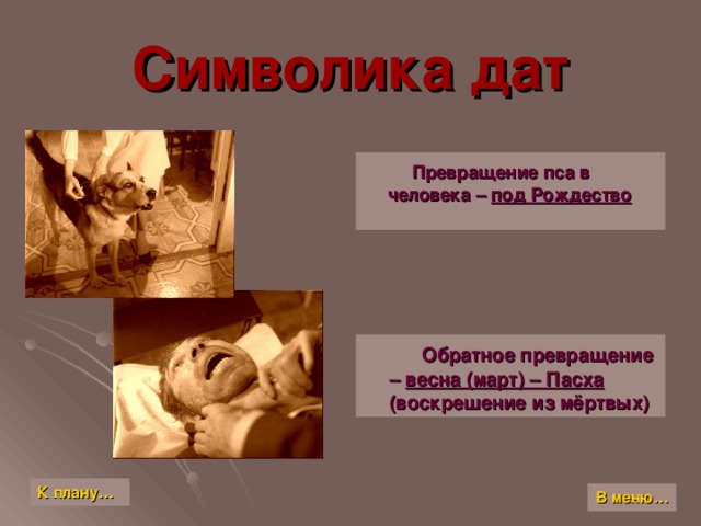 Символика дат  Превращение пса в человека – под Рождество   Обратное превращение – весна (март) – Пасха (воскрешение из мёртвых) К плану… В меню…