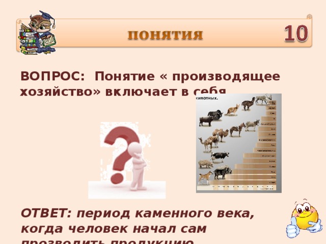 ВОПРОС: Понятие « производящее хозяйство» включает в себя … ОТВЕТ: период каменного века, когда человек начал сам прозводить продукцию