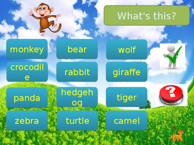 What's this? monkey bear wolf rabbit giraffe crocodile tiger hedgehog panda zebra camel turtle