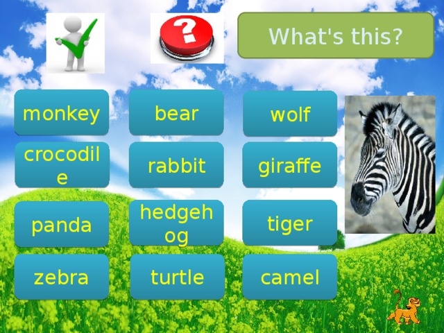 What's this? bear monkey wolf giraffe crocodile rabbit tiger hedgehog panda camel zebra turtle