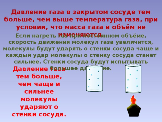 Давление газа в закрытом сосуде тем больше, чем выше температура газа, при условии, что масса газа и объём не изменяются. Если нагреть газ при постоянном объёме, скорость движения молекул газа увеличится, молекулы будут ударять о стенки сосуда чаще и каждый удар молекулы о стенку сосуда станет сильнее. Стенки сосуда будут испытывать большее давление. Давление газа тем больше, чем чаще и сильнее молекулы ударяют о стенки сосуда. 
