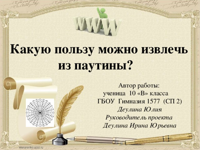   Какую пользу можно извлечь из паутины? Автор работы: ученица 10 «В» класса ГБОУ Гимназия 1577 (СП 2) Деулина Юлия Руководитель проекта Деулина Ирина Юрьевна 