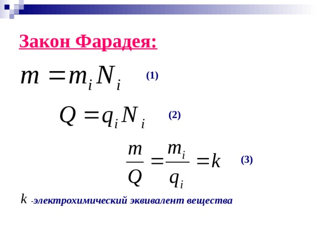 Закон Фарадея: (1)  (2) (3) - электрохимический эквивалент в еще ства 