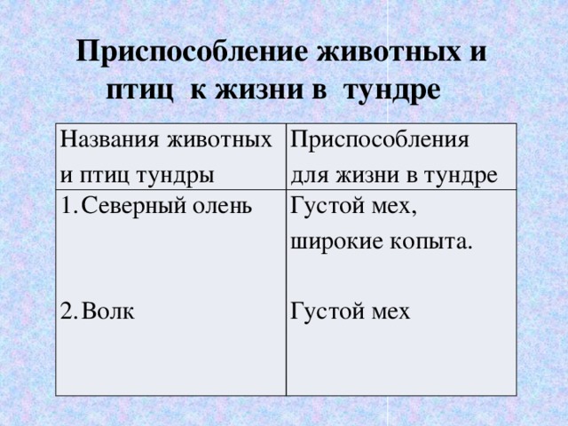  Приспособление животных и птиц к жизни в тундре Названия животных и птиц тундры Приспособления для жизни в тундре Северный олень Густой мех, широкие копыта. Волк Густой мех 