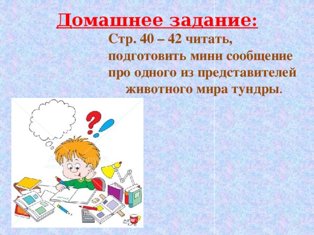 Домашнее задание: Стр. 40 – 42 читать, подготовить мини сообщение про одного из представителей животного мира тундры . 