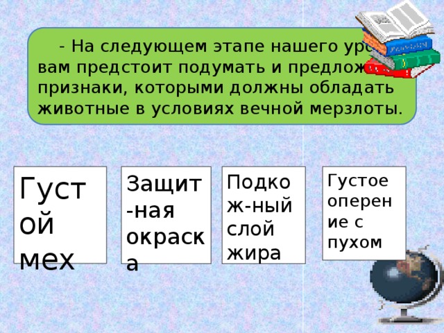  - На следующем этапе нашего урока вам предстоит подумать и предложить признаки, которыми должны обладать животные в условиях вечной мерзлоты. Густой мех Защит-ная окраска Подкож-ный слой жира Густое оперение с пухом 