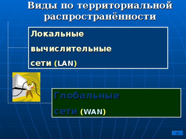 Виды по территориальной распространённости Локальные вычислительные сети  ( LAN ) Глобальные сети  ( WAN ) 3 