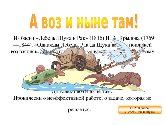   Из басни «Лебедь, Щука и Рак» (1816) И. А. Крылова (1769—1844). «Однажды Лебедь, Рак да Щука везти с поклажей воз взялись», но из этого ничего у них не получилось, потому что:  ... Лебедь рвется в облака,  Рак пятится назад,  а Щука тянет в воду.  Кто виноват из них, кто прав, — судить не нам;  Да только воз и ныне там.   Иронически о неэффективной работе, о задаче, которая не решается.     И. А. Крылов. «Лебедь, Рак и Щука» 