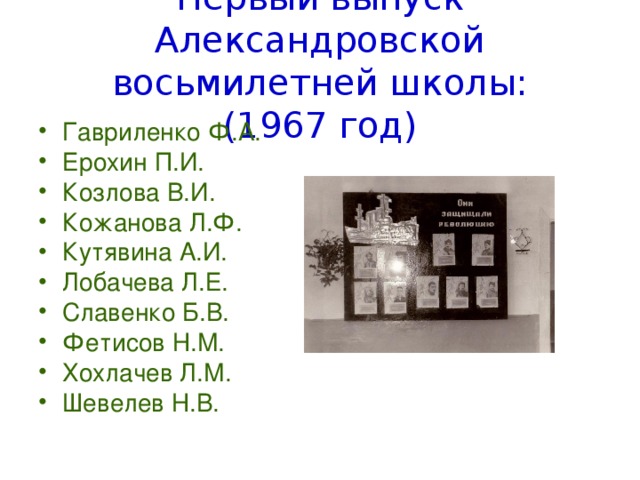Первый выпуск Александровской восьмилетней школы:  (1967 год) Гавриленко Ф.А. Ерохин П.И. Козлова В.И. Кожанова Л.Ф. Кутявина А.И. Лобачева Л.Е. Славенко Б.В. Фетисов Н.М. Хохлачев Л.М. Шевелев Н.В. 