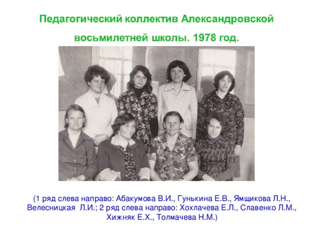 (1 ряд слева направо: Абакумова В.И., Гунькина Е.В., Ямщикова Л.Н., Велесницкая Л.И.; 2 ряд слева направо: Хохлачева Е.Л., Славенко Л.М., Хижняк Е.Х., Толмачева Н.М.) 