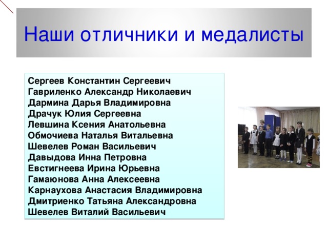 Наши отличники и медалисты Сергеев Константин Сергеевич Гавриленко Александр Николаевич Дармина Дарья Владимировна Драчук Юлия Сергеевна Левшина Ксения Анатольевна Обмочиева Наталья Витальевна Шевелев Роман Васильевич Давыдова Инна Петровна Евстигнеева Ирина Юрьевна Гамаюнова Анна Алексеевна Карнаухова Анастасия Владимировна Дмитриенко Татьяна Александровна Шевелев Виталий Васильевич 