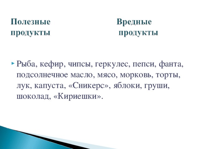 Рыба, кефир, чипсы, геркулес, пепси, фанта, подсолнечное масло, мясо, морковь, торты, лук, капуста, «Сникерс», яблоки, груши, шоколад, «Кириешки». 