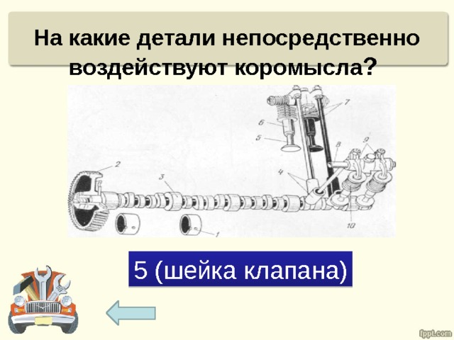 На какие детали непосредственно воздействуют коромысла ? 5 (шейка клапана) 