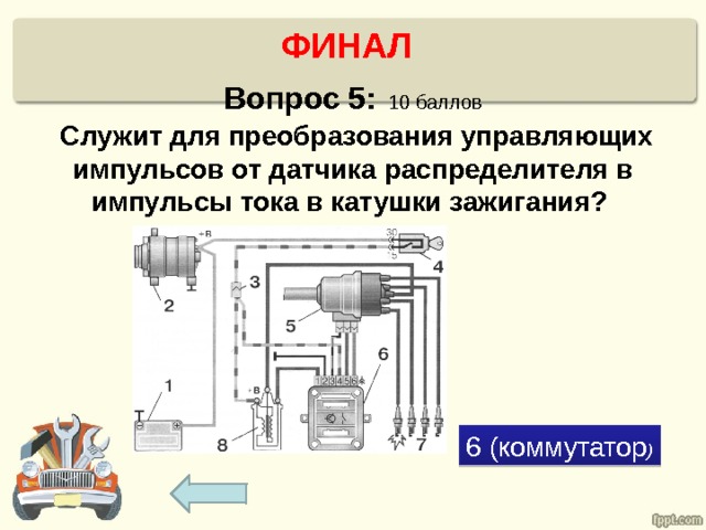 ФИНАЛ   Вопрос 5:  10 баллов  Служит для преобразования управляющих импульсов от датчика распределителя в импульсы тока в катушки зажигания? 6 (коммутатор ) 