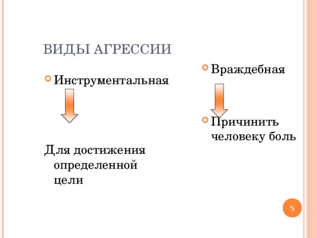 ВИДЫ АГРЕССИИ Враждебная Причинить человеку боль     Инструментальная Для достижения определенной цели  