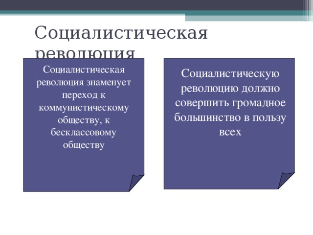 Социалистическая революция Социалистическая революция знаменует переход к коммунистическому обществу, к бесклассовому обществу Социалистическую революцию должно совершить громадное большинство в пользу всех 