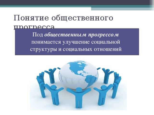 Понятие общественного прогресса Под общественным прогрессом понимается улучшение социальной структуры и социальных отношений 