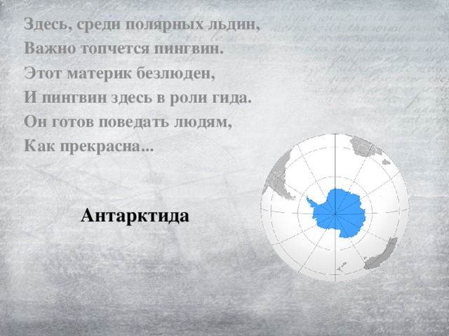 Здесь, среди полярных льдин, Важно топчется пингвин. Этот материк безлюден, И пингвин здесь в роли гида. Он готов поведать людям, Как прекрасна... Антарктида