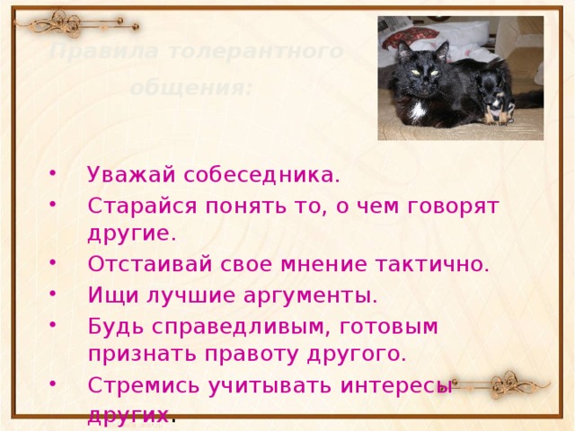Правила толерантного общения:  Уважай собеседника. Старайся понять то, о чем говорят другие. Отстаивай свое мнение тактично. Ищи лучшие аргументы. Будь справедливым, готовым признать правоту другого. Стремись учитывать интересы других . 