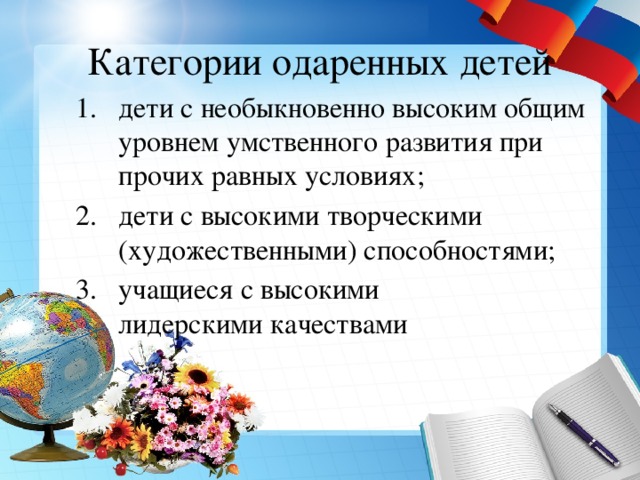 Категории одаренных детей дети с необыкновенно высоким общим уровнем умственного развития при прочих равных условиях; дети с высокими творческими (художественными) способностями; учащиеся с высокими  лидерскими качествами 