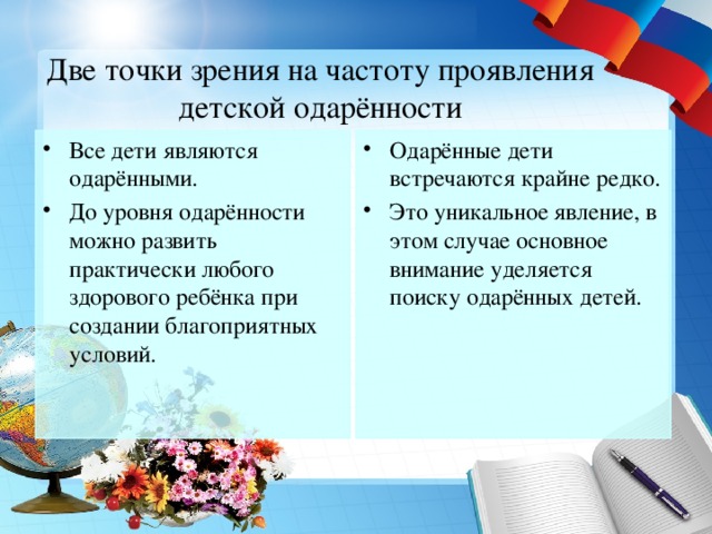 Две точки зрения на частоту проявления детской одарённости Одарённые дети встречаются крайне редко. Это уникальное явление, в этом случае основное внимание уделяется поиску одарённых детей. Все дети являются одарёнными. До уровня одарённости можно развить практически любого здорового ребёнка при создании благоприятных условий. 