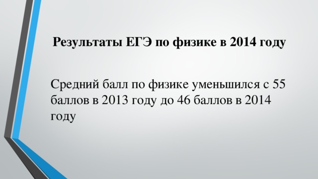Результаты ЕГЭ по физике в 2014 году Средний балл по физике уменьшился с 55 баллов в 2013 году до 46 баллов в 2014 году 