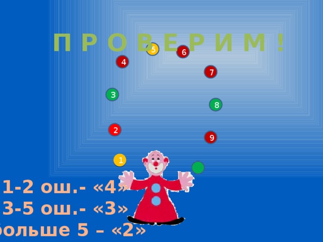 П Р О В Е Р И М ! 5 6 4 7 3 8 2 9 1 1-2 ош.- «4» 3-5 ош.- «3»  больше 5 – «2» 