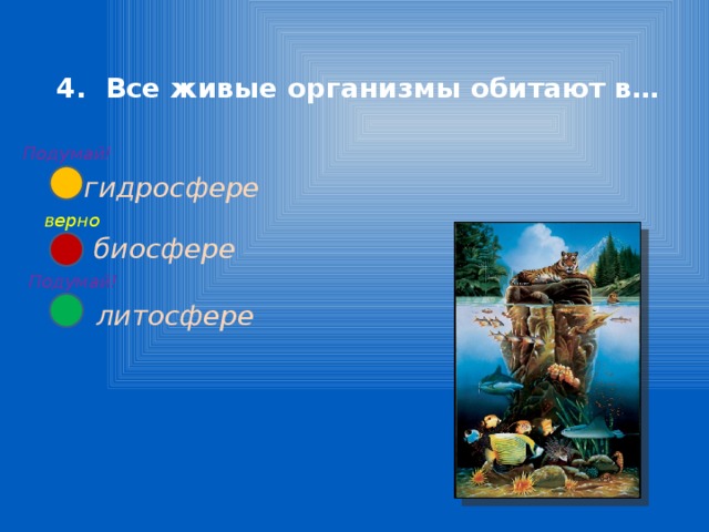 4. Все живые организмы обитают в… Подумай! гидросфере верно биосфере Подумай! литосфере 
