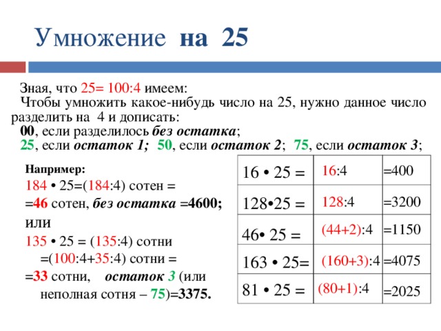 Умножение на 25 Зная, что 25= 100:4 имеем: Чтобы умножить какое-нибудь число на 25, нужно данное число разделить на 4 и дописать: 00 , если разделилось без остатка ; 25 , если остаток 1;   50 , если остаток 2 ; 75 , если остаток 3 ; Например: 184 • 25=( 184 :4) сотен = = 46 сотен, без остатка = 4600; или 135 • 25 = ( 135 :4) сотни =( 100 :4+ 35 :4) сотни = = 33 сотни, остаток 3 (или неполная сотня – 75 )= 3375. 16 :4 16 • 25 = =400 128 :4 128•25 = =3200 (44+2) :4 =1150 46• 25 = =4075 163 • 25= (160+3) :4 (80+1) :4 81 • 25 = =2025 