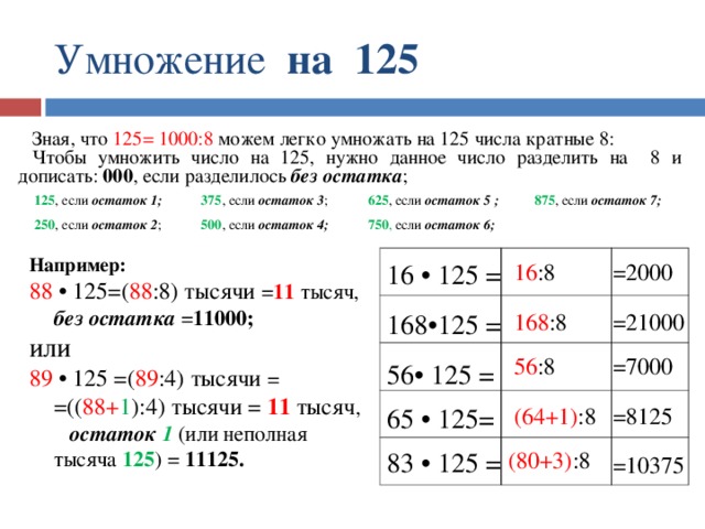 Умножение на 125 Зная, что 125= 1000:8 можем легко умножать на 125 числа кратные 8: Чтобы умножить число на 125, нужно данное число разделить на 8 и дописать: 000 , если разделилось без остатка ; 125 , если остаток 1;  250 , если остаток 2 ; 375 , если остаток 3 ; 500 , если остаток 4;  625 , если остаток 5 ;  875 , если остаток 7;  750 , если остаток 6;  Например: 88 • 125=( 88 :8) тысячи = 11 тысяч, без остатка = 11000; или 89 • 125 =( 89 :4) тысячи = =(( 88+ 1 ):4) тысячи = 11 тысяч , остаток 1  (или неполная тысяча 125 )  = 11125. 16 • 125 = 16 :8 =2000 168 :8 =21000 168•125 = 56 :8 =7000 56• 125 = (64+1) :8 65 • 125= =8125 (80+3) :8 83 • 125 = =10375 
