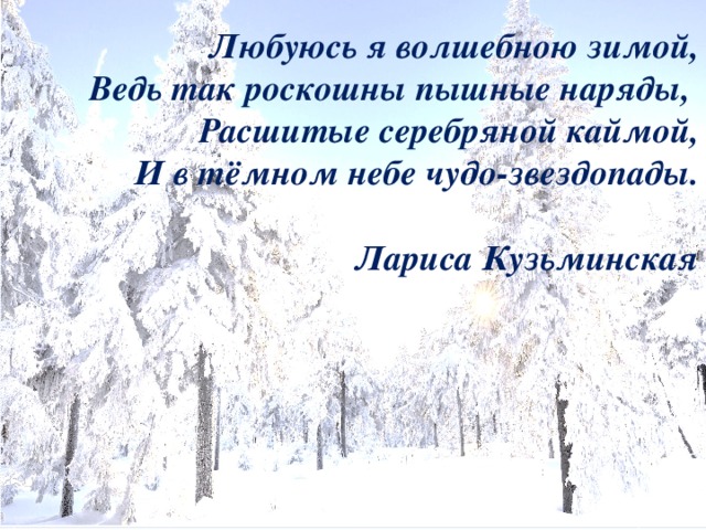 Любуюсь я волшебною зимой, Ведь так роскошны пышные наряды, Расшитые серебряной каймой, И в тёмном небе чудо-звездопады.  Лариса Кузьминская