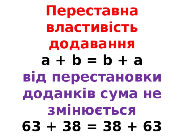 Переставна властивість додавання  а + b = b + а  від перестановки доданків сума не змінюється  63 + 38 = 38 + 63 