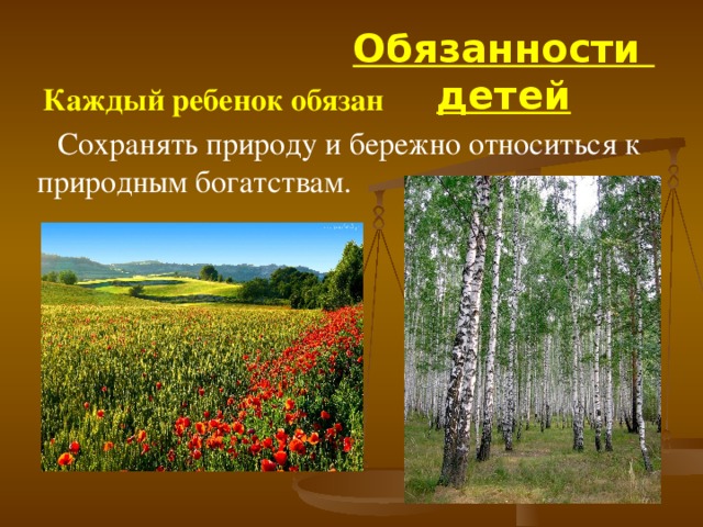 Обязанности детей Каждый ребенок обязан С охранять природу и бережно относиться к природным богатствам. 