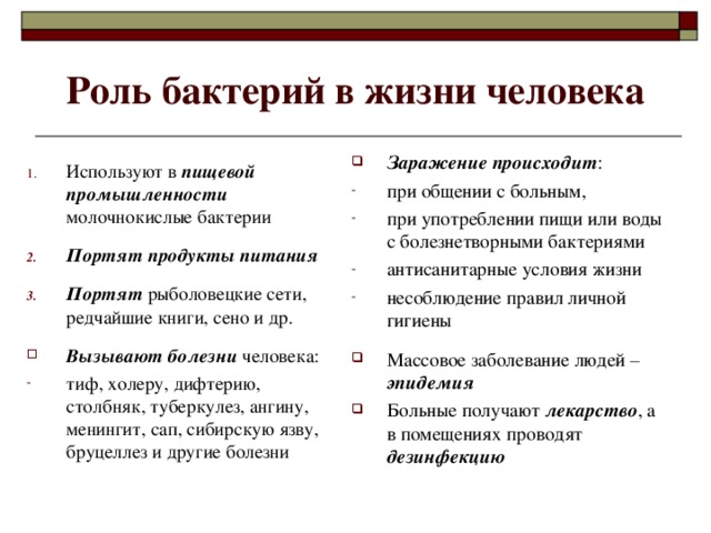 Роль бактерий в жизни человека Заражение происходит : при общении с больным, при употреблении пищи или воды с болезнетворными бактериями антисанитарные условия жизни несоблюдение правил личной гигиены  Массовое заболевание людей – эпидемия Больные получают лекарство , а в помещениях проводят дезинфекцию