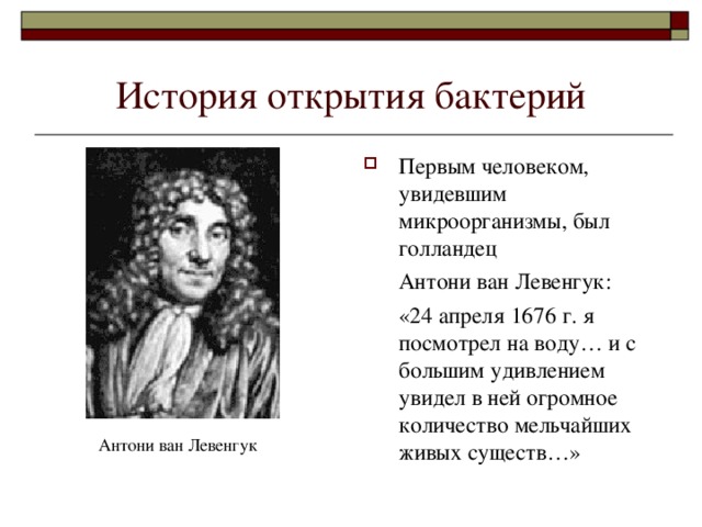 История открытия бактерий Первым человеком, увидевшим микроорганизмы, был голландец  Антони ван Левенгук:  «24 апреля 1676 г. я посмотрел на воду… и с большим удивлением увидел в ней огромное количество мельчайших живых существ…»   Антони ван Левенгук