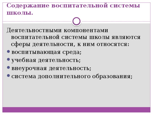 Содержание воспитательной системы школы. Деятельностными компонентами воспитательной системы школы являются сферы деятельности, к ним относятся: воспитывающая среда; учебная деятельность; внеурочная деятельность; система дополнительного образования; 