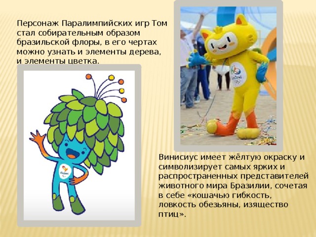 Персонаж Паралимпийских игр Том стал собирательным образом бразильской флоры, в его чертах можно узнать и элементы дерева, и элементы цветка. Винисиус имеет жёлтую окраску и символизирует самых ярких и распространенных представителей животного мира Бразилии, сочетая в себе «кошачью гибкость, ловкость обезьяны, изящество птиц». 