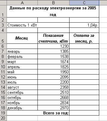 Постройте электронную таблицу оплата электроэнергии