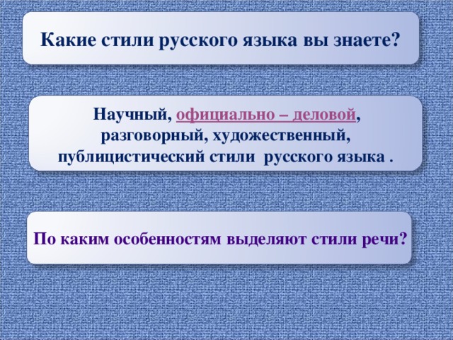  Какие стили русского языка вы знаете?  Научный, официально – деловой , разговорный, художественный, публицистический стили русского языка . По каким особенностям выделяют стили речи? 