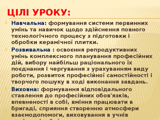 Цілі уроку: Навчальна:  формування системи первинних умінь та навичок щодо здійснення повного технологічного процесу з підготовки і обробки керамічної плитки. Розвивальна : освоєння репродуктивних умінь комплексного планування професійних дій, вибору найбільш раціонального їх поєднання і чергування з урахуванням виду роботи, розвиток професійної самостійності і творчого пошуку в ході виконання завдань. Виховна: формування відповідального ставлення до професійних обов'язків, впевненості в собі, вміння працювати в бригаді, сприяння створенню атмосфери взаємодопомоги, виховування в учнів охайності, дбайливого ставлення до матеріалу, інструменту. Методична : активізація діяльності учнів на уроці за допомогою використання електронних навчальних засобів. 