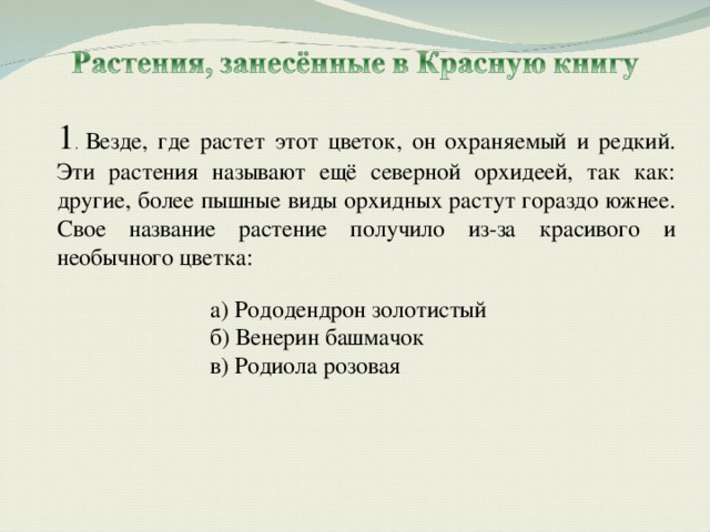 1 . Везде, где растет этот цветок, он охраняемый и редкий. Эти растения называют ещё северной орхидеей, так как: другие, более пышные виды орхидных растут гораздо южнее. Свое название растение получило из-за красивого и необычного цветка: а) Рододендрон золотистый б) Венерин башмачок в)  Родиола розовая а) Рододендрон золотистый б) Венерин башмачок в)  Родиола розовая  