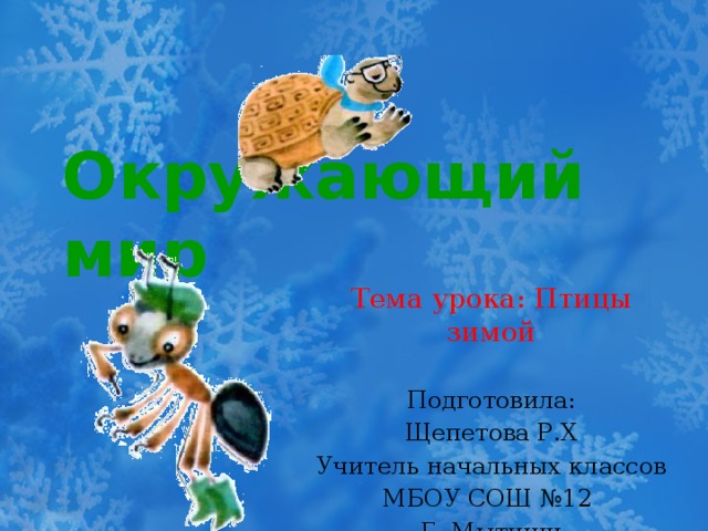 Окружающий мир Тема урока: Птицы зимой Подготовила: Щепетова Р.Х Учитель начальных классов МБОУ СОШ №12 Г. Мытищи 