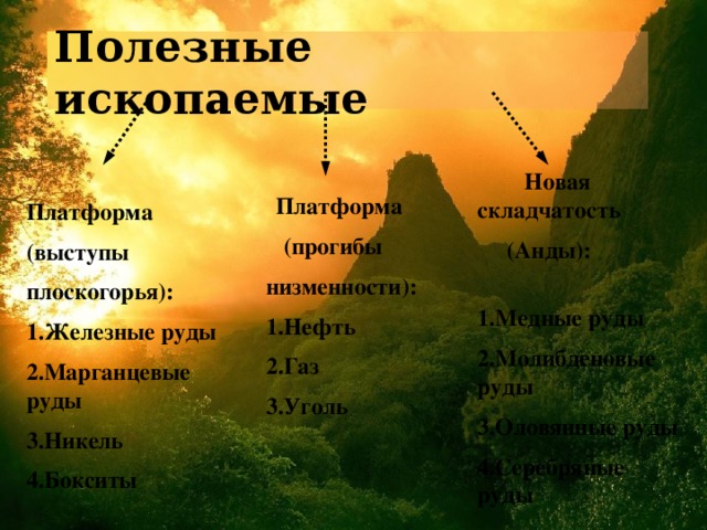 Полезные ископаемые  Новая складчатость  (Анды): 1.Медные руды 2.Молибденовые руды 3.Оловянные руды 4.Серебряные руды   Платформа  (прогибы низменности): 1.Нефть 2.Газ 3.Уголь Платформа (выступы плоскогорья): 1.Железные руды 2.Марганцевые руды 3.Никель 4.Бокситы 