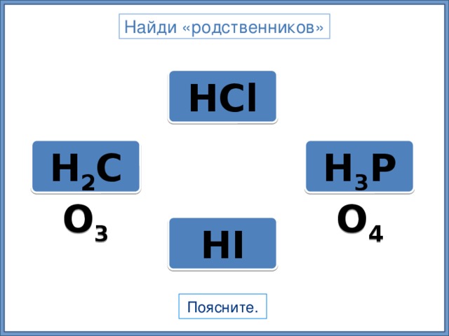 Найди «родственников» НСl H 3 PO 4 H 2 CO 3 HI Поясните. 