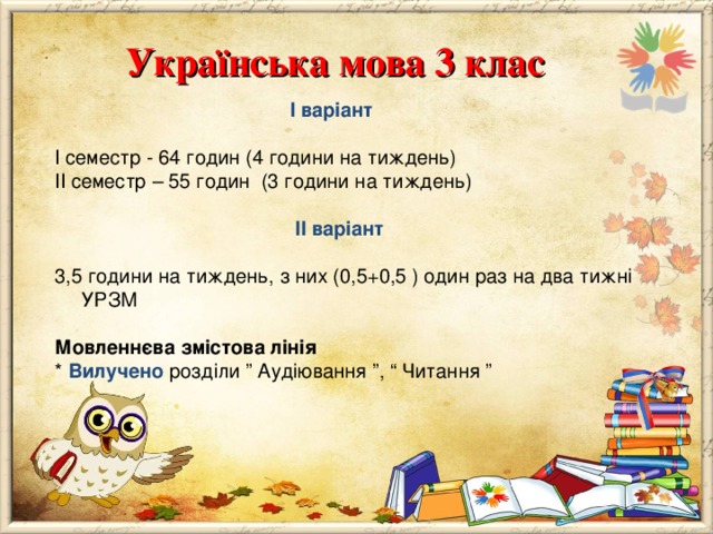 Українська мова 3 клас  І варіант І семестр - 64 годин (4 години на тиждень) ІІ семестр – 55 годин (3 години на тиждень)  ІІ варіант 3,5 години на тиждень, з них (0,5+0,5 ) один раз на два тижні УРЗМ Мовленнєва змістова лінія * Вилучено розділи ” Аудіювання ”, “ Читання ” 