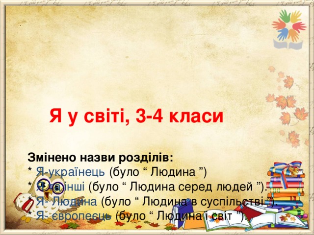       Я у світі, 3-4 класи   Змінено назви розділів:  * Я-українець (було “ Людина ”)  * Я та інші (було “ Людина серед людей ”).  * Я- Людина (було “ Людина в суспільстві ”).  * Я- європеєць (було “ Людина і світ ”). 
