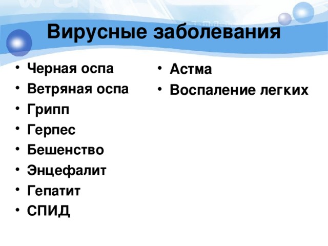 Вирусные заболевания Черная оспа  Ветряная оспа  Грипп Герпес Бешенство Энцефалит Гепатит СПИД  Астма Воспаление легких 
