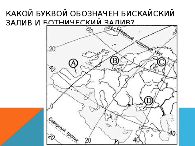 КАКОЙ БУКВОЙ ОБОЗНАЧЕН БИСКАЙСКИЙ ЗАЛИВ И БОТНИЧЕСКИЙ ЗАЛИВ? 