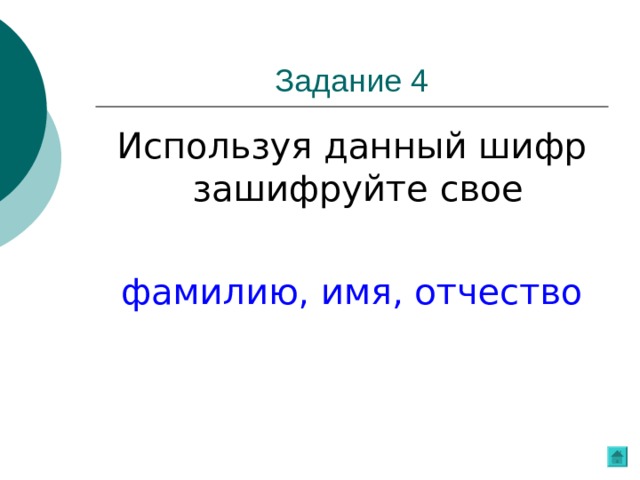 Используя данный шифр зашифруйте свое фамилию, имя, отчество 